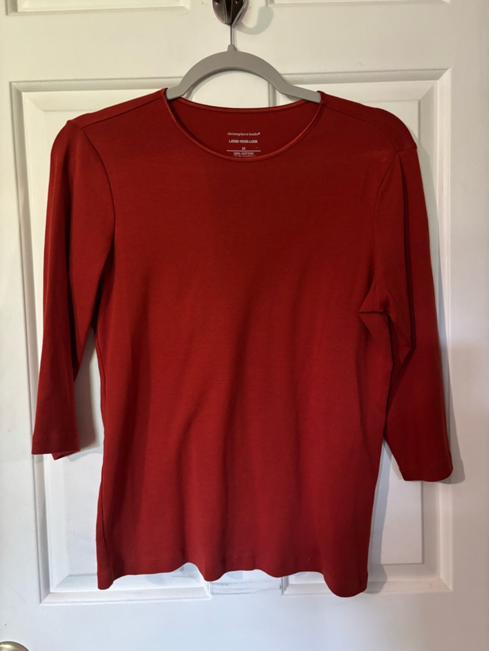 Women's Solid Burnt Orange 3/4 Length Sleeve Tee. 100% cotton. Medium.